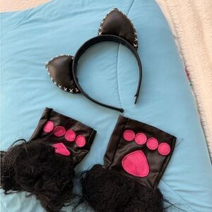 Black and Pink Cat Ear Headband and Paw Gloves